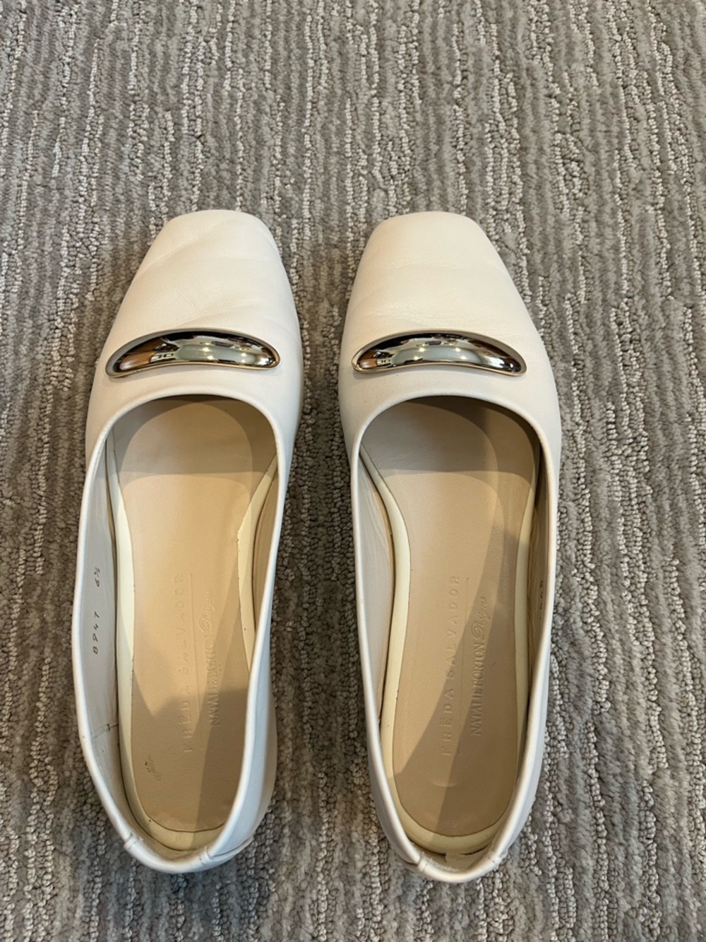 Freda Salvador Cream Leather Slip-On Flats with Silver Buckle (size 6.5)